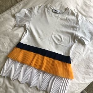 MSGM White Tee with Pleated Silk Tiered Trim